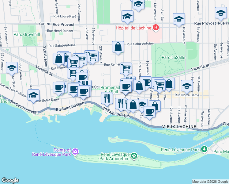 map of restaurants, bars, coffee shops, grocery stores, and more near in Montreal