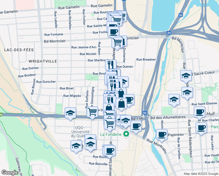 map of restaurants, bars, coffee shops, grocery stores, and more near 210 Boulevard Saint-Joseph in Gatineau