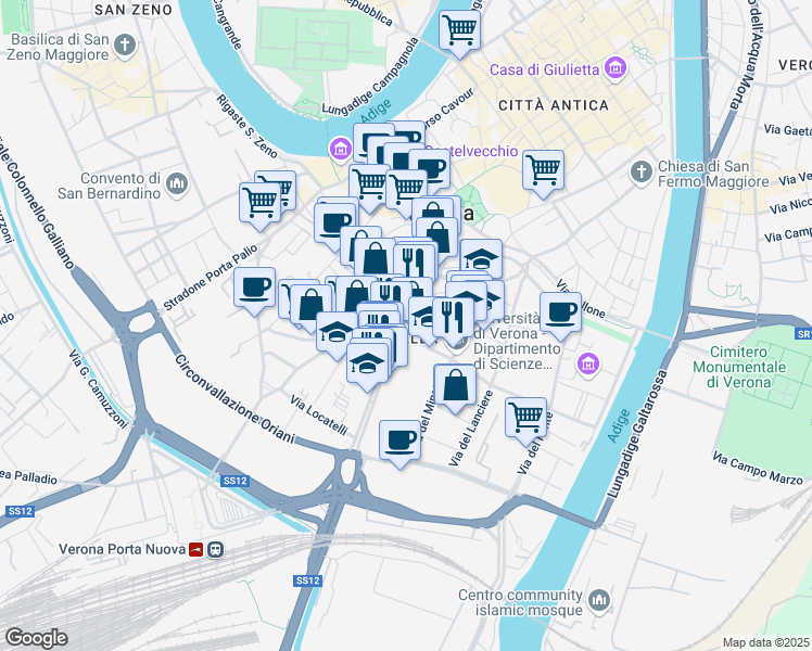 map of restaurants, bars, coffee shops, grocery stores, and more near 3 Via Aldo Ettore Kessler in Verona