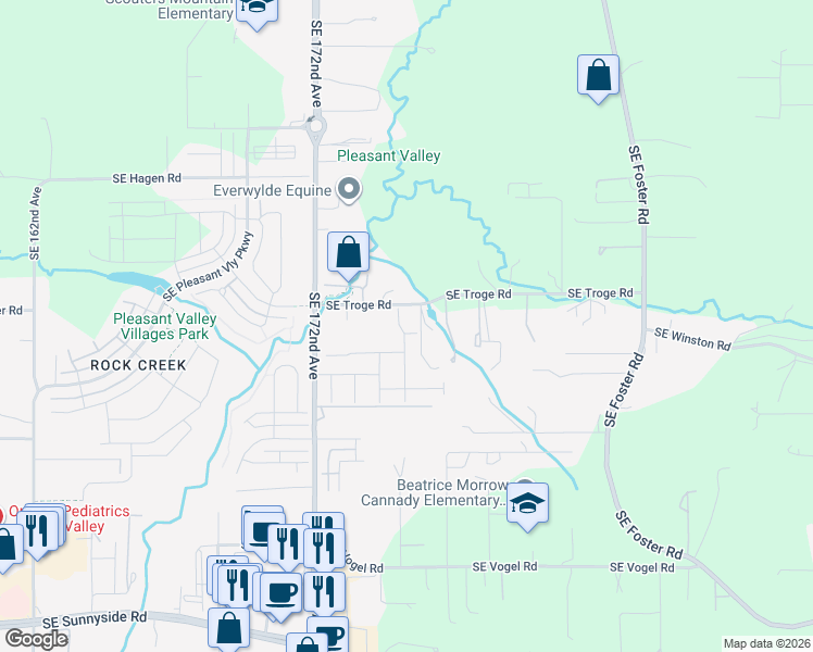 map of restaurants, bars, coffee shops, grocery stores, and more near 12151 Southeast Olympic Street in Damascus