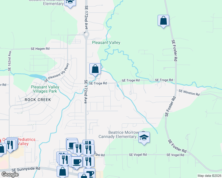map of restaurants, bars, coffee shops, grocery stores, and more near 17483 Southeast Acadia Street in Damascus