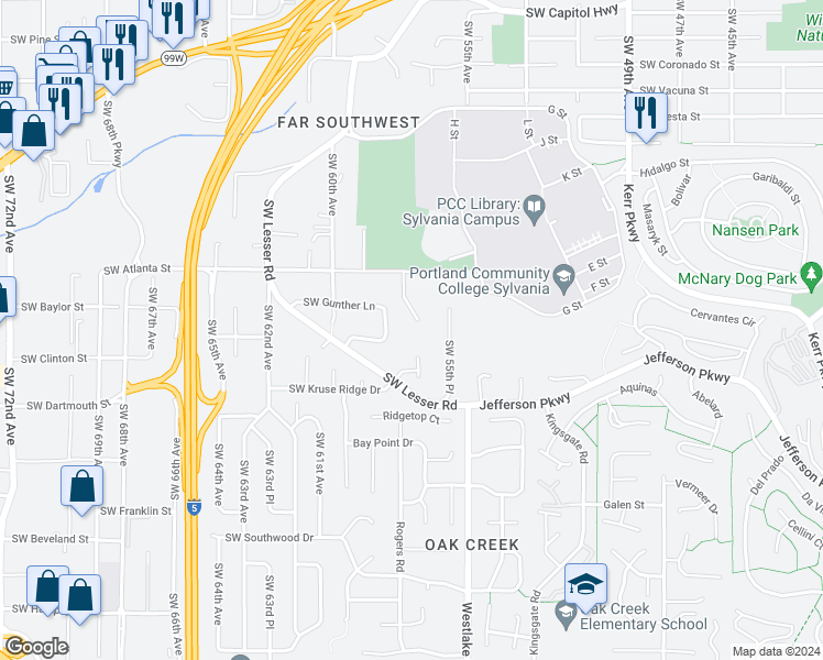 map of restaurants, bars, coffee shops, grocery stores, and more near 12437 Southwest 57th Avenue in Portland