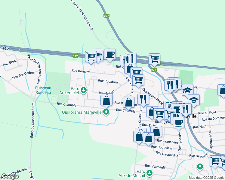 map of restaurants, bars, coffee shops, grocery stores, and more near 715 Rue Robert in Marieville
