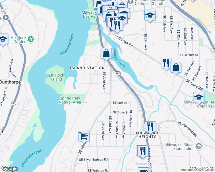 map of restaurants, bars, coffee shops, grocery stores, and more near 12213 Southeast River Road in Milwaukie