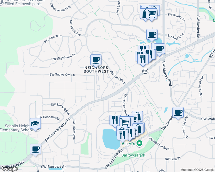 map of restaurants, bars, coffee shops, grocery stores, and more near 11657 Southwest Teal Boulevard in Beaverton