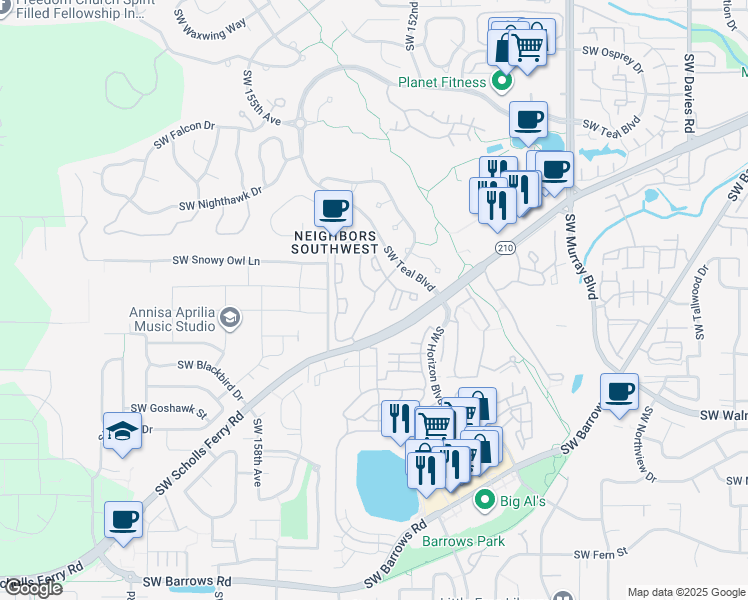 map of restaurants, bars, coffee shops, grocery stores, and more near 11601 Southwest Teal Boulevard in Beaverton