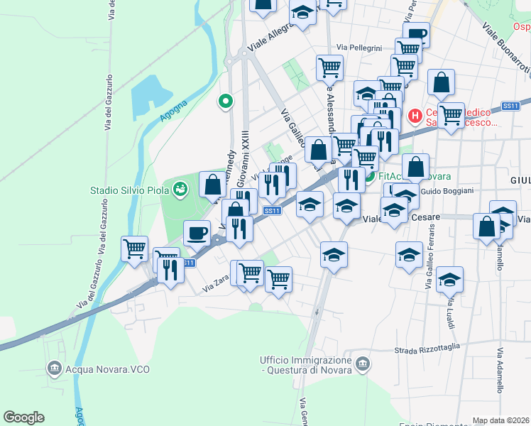 map of restaurants, bars, coffee shops, grocery stores, and more near 29 Corso Vercelli in Novara