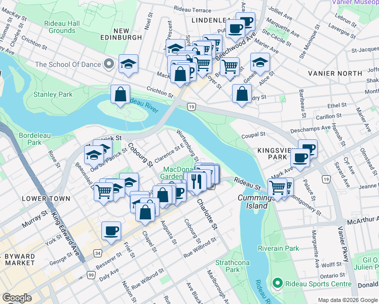 map of restaurants, bars, coffee shops, grocery stores, and more near 120 Wurtemburg Street in Ottawa