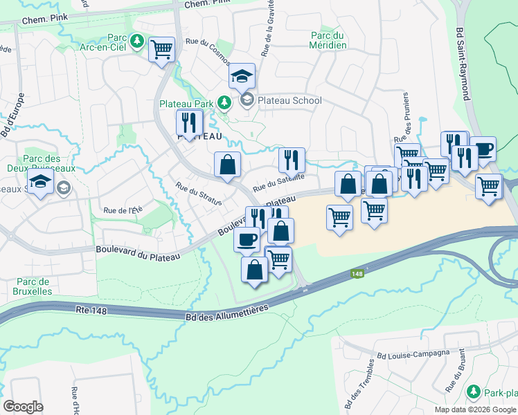 map of restaurants, bars, coffee shops, grocery stores, and more near 190 Boulevard du Plateau in Gatineau