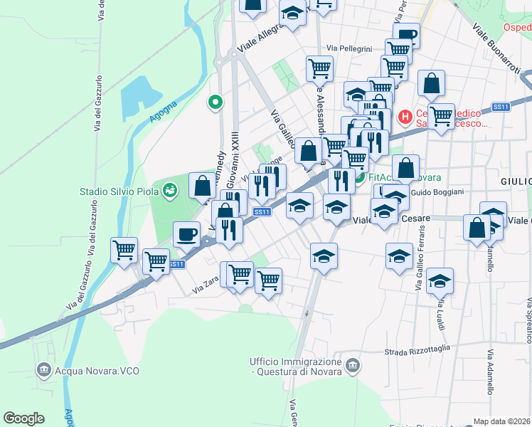 map of restaurants, bars, coffee shops, grocery stores, and more near 2-16 Via Fiume in Novara