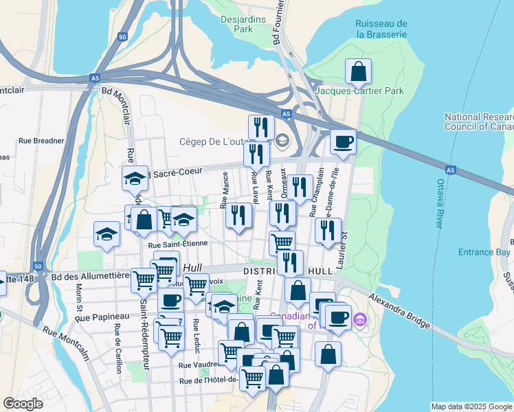 map of restaurants, bars, coffee shops, grocery stores, and more near 192 Rue Laval in Gatineau