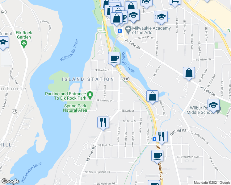 map of restaurants, bars, coffee shops, grocery stores, and more near 12213 Southeast River Road in Milwaukie