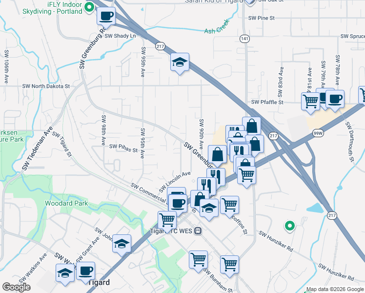 map of restaurants, bars, coffee shops, grocery stores, and more near 11725 Southwest Greenburg Road in Tigard
