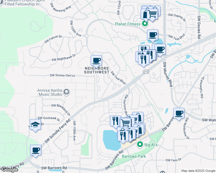 map of restaurants, bars, coffee shops, grocery stores, and more near 11657 Southwest Teal Boulevard in Beaverton