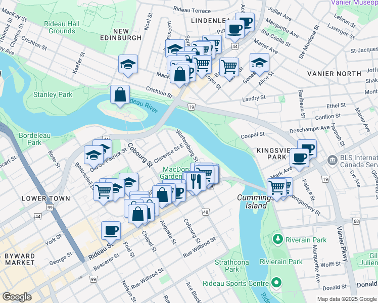 map of restaurants, bars, coffee shops, grocery stores, and more near in Ottawa