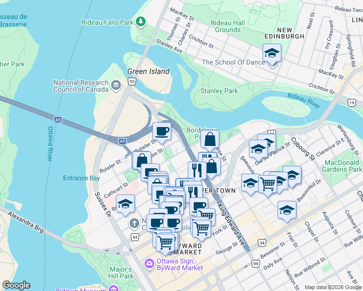 map of restaurants, bars, coffee shops, grocery stores, and more near 273 Cathcart Street in Ottawa