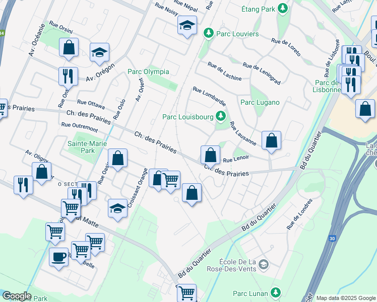 map of restaurants, bars, coffee shops, grocery stores, and more near 4240 Chemin des Prairies in Brossard