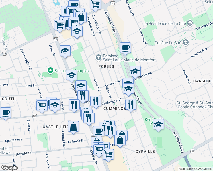 map of restaurants, bars, coffee shops, grocery stores, and more near Trojan Avenue in Ottawa