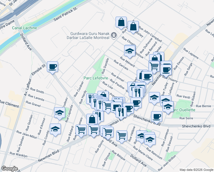 map of restaurants, bars, coffee shops, grocery stores, and more near 2322A Rue Lise in Montréal