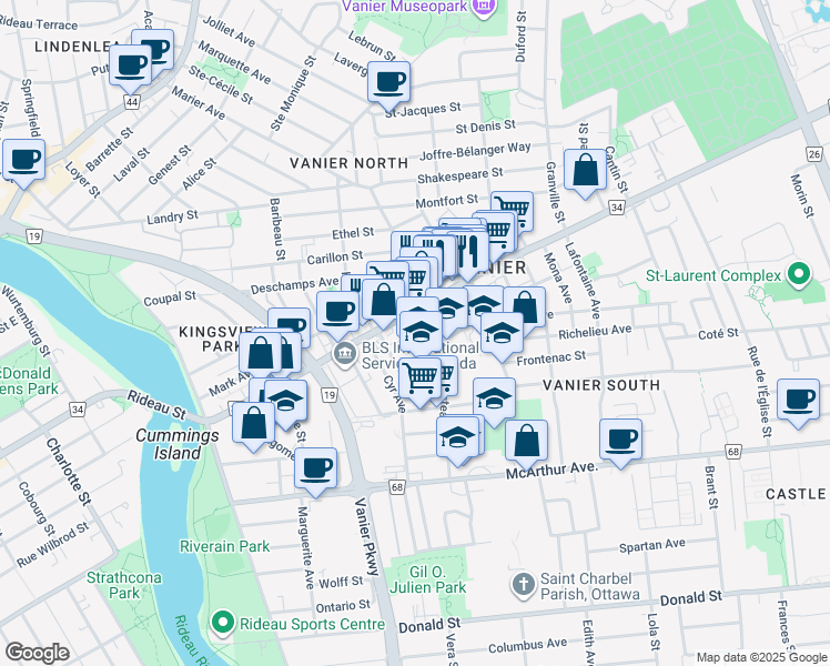 map of restaurants, bars, coffee shops, grocery stores, and more near 291 Olmstead Street in Ottawa