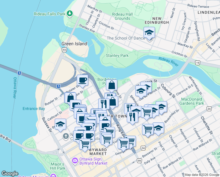 map of restaurants, bars, coffee shops, grocery stores, and more near in Ottawa