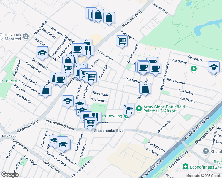 map of restaurants, bars, coffee shops, grocery stores, and more near Rue Thierry in Montréal