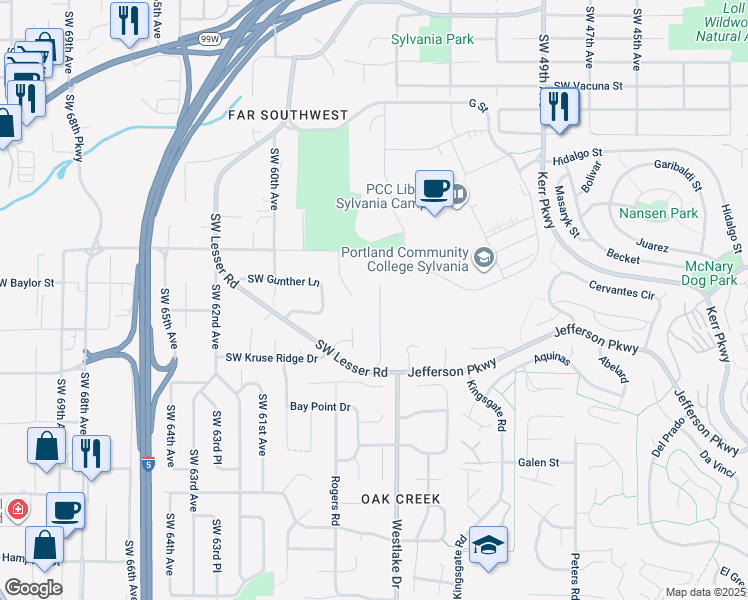 map of restaurants, bars, coffee shops, grocery stores, and more near 12449 Southwest 55th Place in Portland