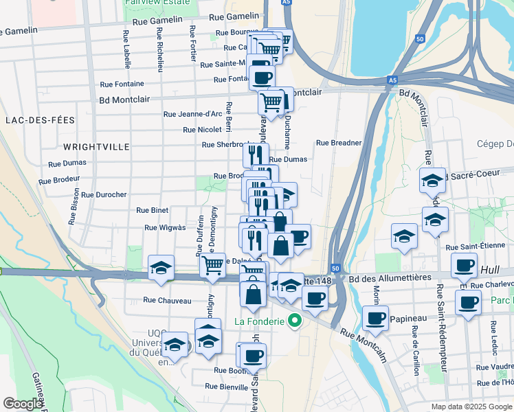 map of restaurants, bars, coffee shops, grocery stores, and more near in Gatineau