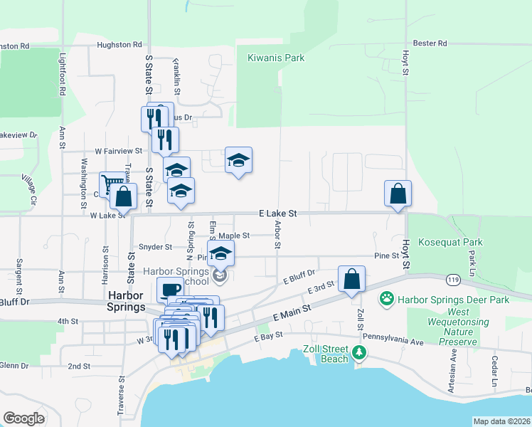 map of restaurants, bars, coffee shops, grocery stores, and more near East Lake Street in Harbor Springs