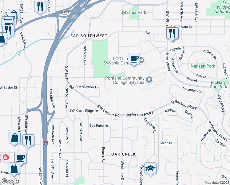map of restaurants, bars, coffee shops, grocery stores, and more near 12515 Southwest 55th Place in Portland
