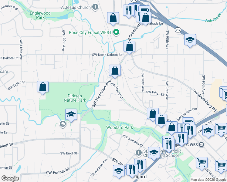 map of restaurants, bars, coffee shops, grocery stores, and more near 11742 Southwest Tiedeman Avenue in Tigard