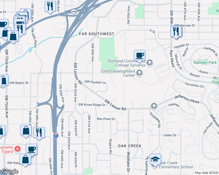 map of restaurants, bars, coffee shops, grocery stores, and more near 12530 Southwest 58th Avenue in Portland