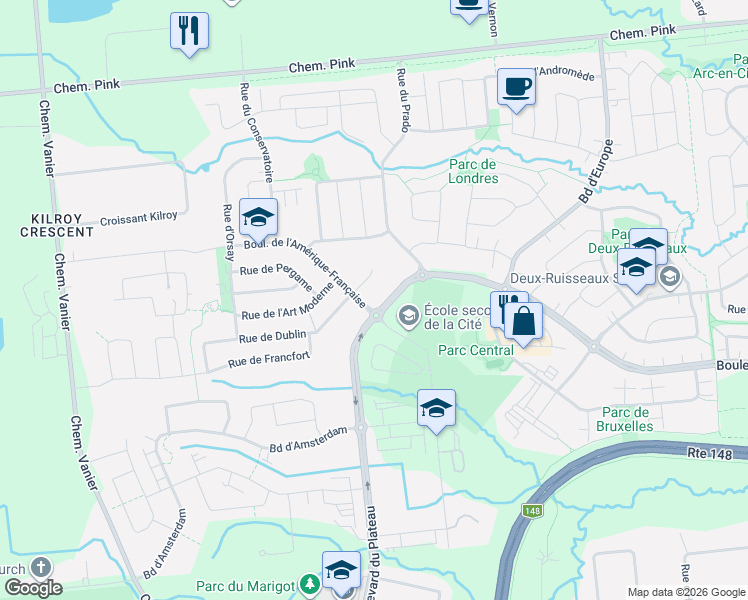 map of restaurants, bars, coffee shops, grocery stores, and more near 215 Rue de Dublin in Gatineau
