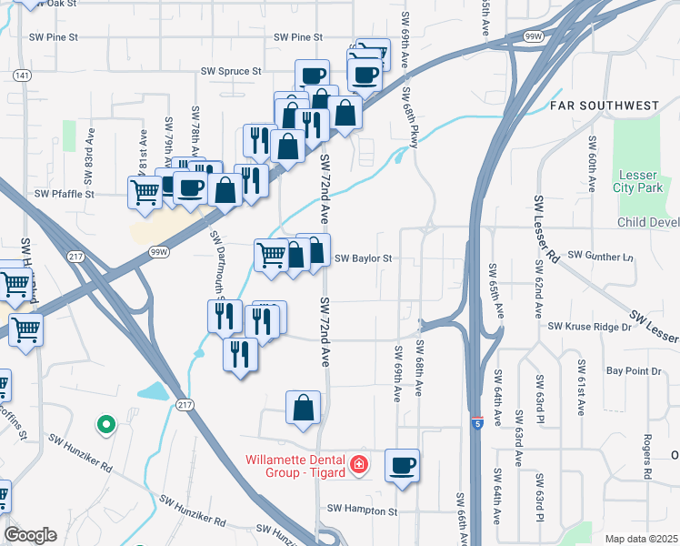 map of restaurants, bars, coffee shops, grocery stores, and more near 11754 Southwest 72nd Avenue in Tigard