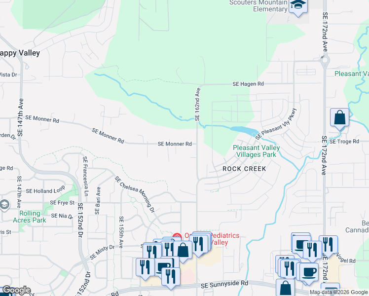 map of restaurants, bars, coffee shops, grocery stores, and more near 16024 Southeast Monner Road in Happy Valley