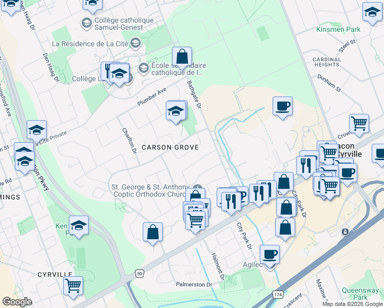 map of restaurants, bars, coffee shops, grocery stores, and more near 1416 Alboro Crescent in Ottawa