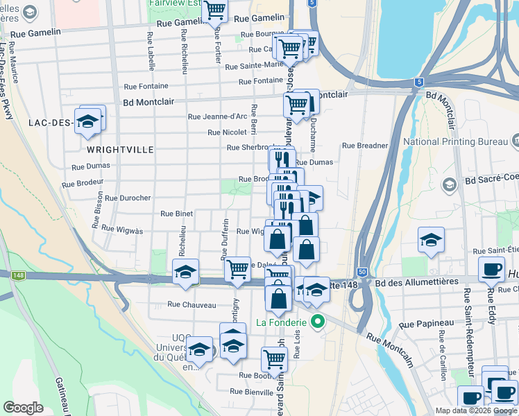 map of restaurants, bars, coffee shops, grocery stores, and more near 122 Rue Berri in Gatineau