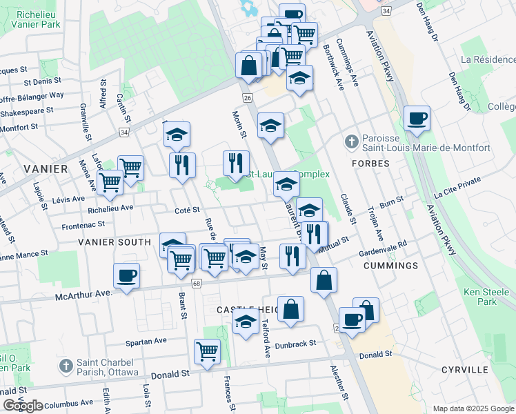 map of restaurants, bars, coffee shops, grocery stores, and more near 530 Coté Street in Ottawa