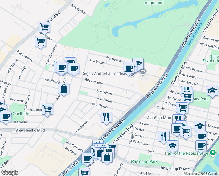 map of restaurants, bars, coffee shops, grocery stores, and more near 1386 Rue Lapierre in Montréal