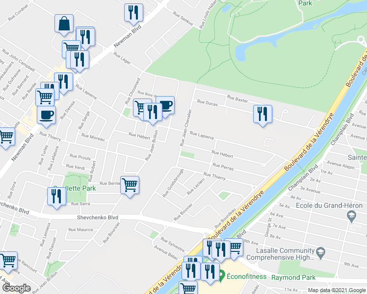 map of restaurants, bars, coffee shops, grocery stores, and more near 1594 Rue Hébert in Montréal