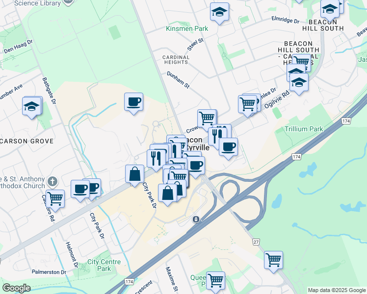 map of restaurants, bars, coffee shops, grocery stores, and more near 1000 Blair Road in Ottawa