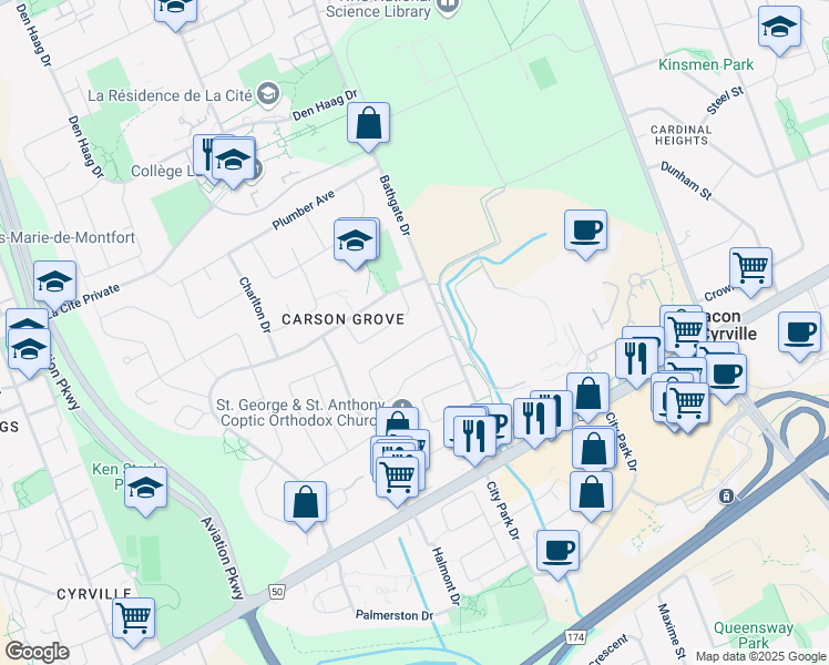 map of restaurants, bars, coffee shops, grocery stores, and more near 1316 Rainbow Crescent in Ottawa