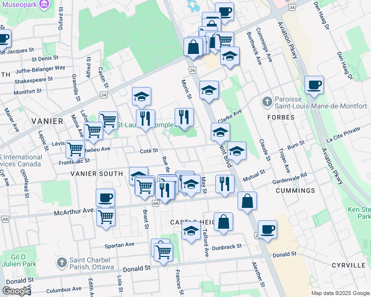 map of restaurants, bars, coffee shops, grocery stores, and more near 751 Ben Street in Ottawa