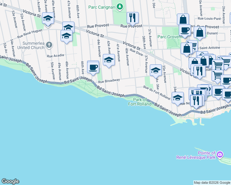 map of restaurants, bars, coffee shops, grocery stores, and more near 4200 Boulevard Saint-Joseph in Montréal