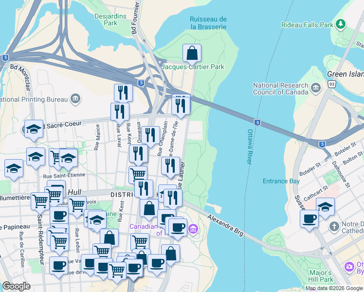 map of restaurants, bars, coffee shops, grocery stores, and more near 185 Rue Laurier in Gatineau
