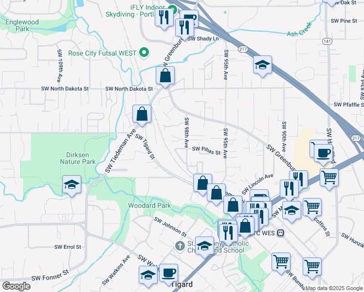 map of restaurants, bars, coffee shops, grocery stores, and more near 9815 Southwest Pihas Court in Tigard