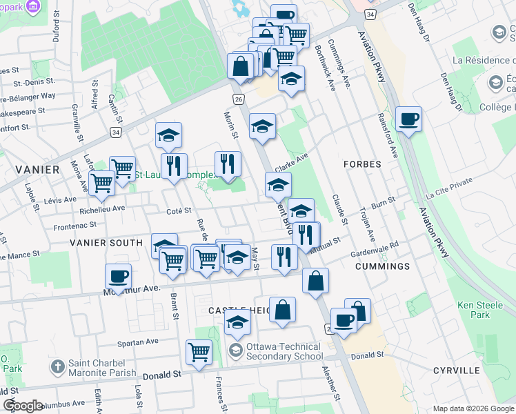 map of restaurants, bars, coffee shops, grocery stores, and more near 538 Coté Street in Ottawa