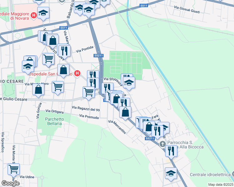 map of restaurants, bars, coffee shops, grocery stores, and more near 5 Strada Privata Raselli in Novara
