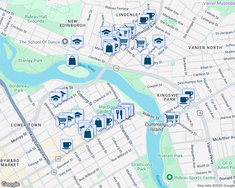 map of restaurants, bars, coffee shops, grocery stores, and more near 111 Wurtemburg Street in Ottawa
