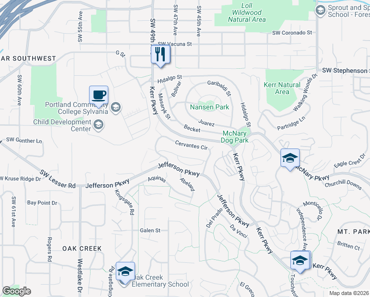 map of restaurants, bars, coffee shops, grocery stores, and more near 254 Cervantes in Lake Oswego